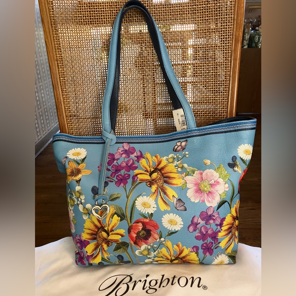 Brighton Blossom Hill Garden Everly Leather Large Wildflowers Floral Blue Tote